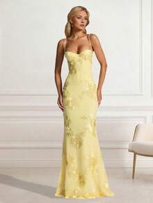 Women's Cream Yellow Shiny Floral Embroidered Elegant Sexy Party 3D Floral Backless Slip Dress For Evening Date, Anniversary, Graduation Party, Formal Gala - Yellow - View 5