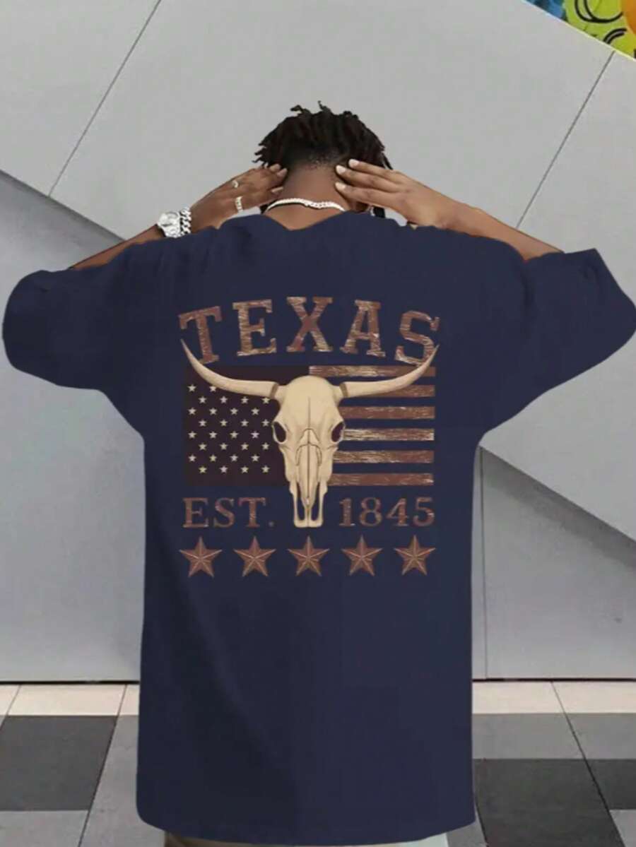 Men's Streetwear T-Shirt Country Rodeo Texas Cotton Round Neck - 藏蓝色 - 查看 1