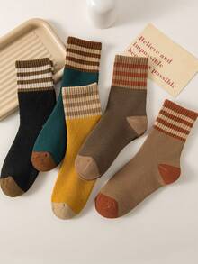 5 Pairs Women's Winter Thickened Mid-Calf Socks, Towel Bottom Striped Long Socks, Marl Color