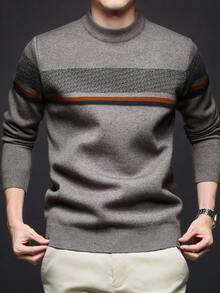 男士厚圆领毛衣，商务休闲提花针织长袖上衣，百搭叠穿单品，格子条纹图案，秋冬