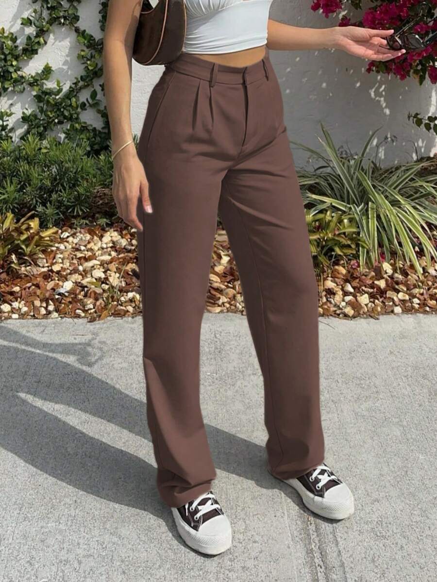 MYOURSA 女士休闲纯色前褶直筒修身裤 春季款 - 巧克力棕 - 查看 1