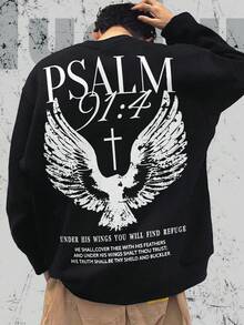Christian Washed Hoodie, Imagery Of God's Protection, Bible Psalms (PSALM 91:4), Eagle With Outstretched Wings, Cross Pattern, Scripture Content, Vintage Vintage Style Hoodie..... Retro Loose Fitting Pullover, Men's Casual Basic Solid Color Pullover (Without Cap) With Fleece Hoodie, Machine Washable Autumn And Winter Hooded Hoodie; Cool Design Pattern Hoodie, Durable And Comfortable Fabric, Street Fashion , Essential For Street Style Enthusiasts, Top-Level Sportswear, Daily Commuting, Dating, Casual Matching, Suitable For Holiday Gift Giving, The First Choice For Gift Giving. (Without A Hat) - 黑色 - 查看 1
