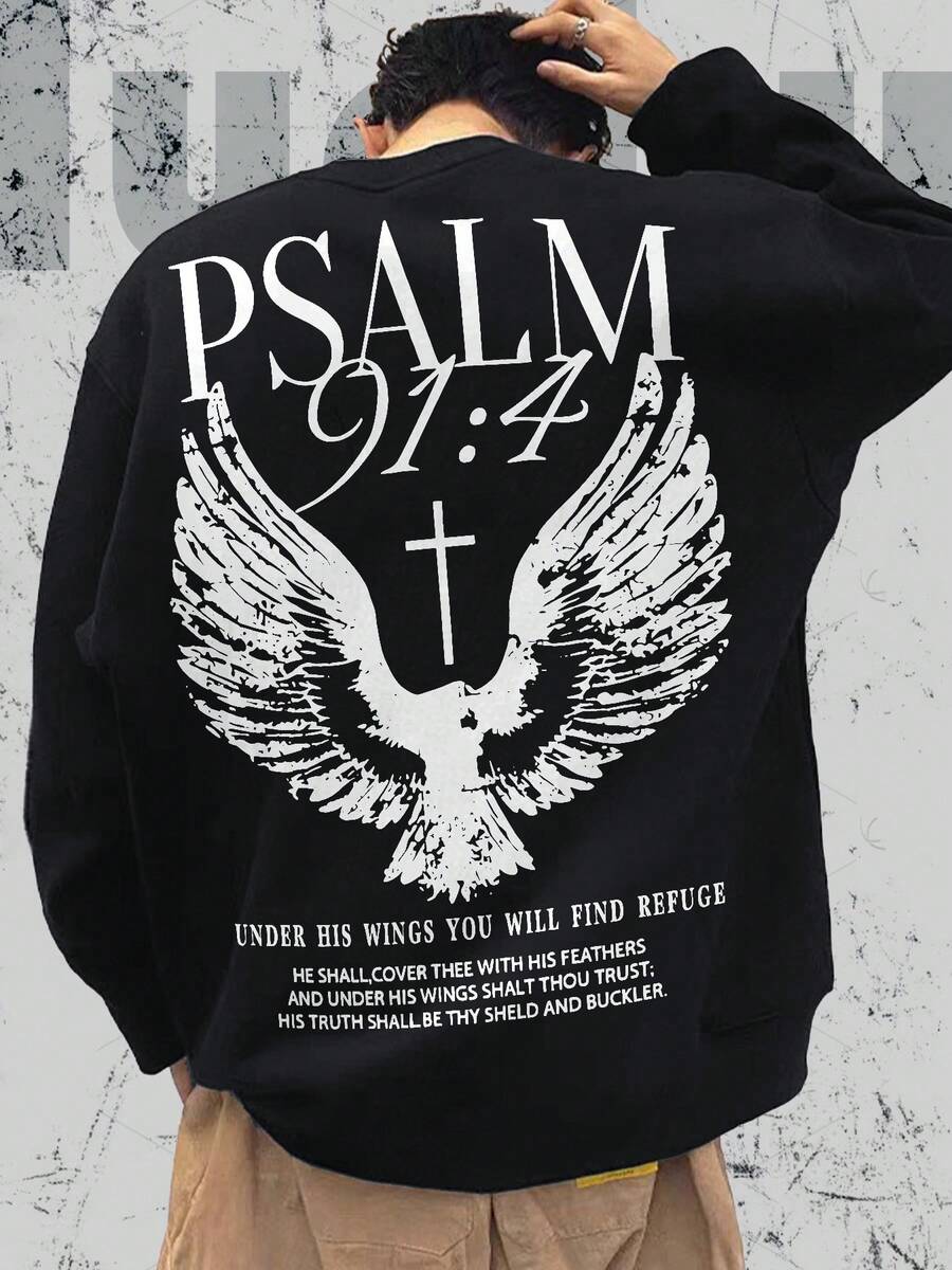 Christian Washed Hoodie, Imagery Of God's Protection, Bible Psalms (PSALM 91:4), Eagle With Outstretched Wings, Cross Pattern, Scripture Content, Vintage Vintage Style Hoodie..... Retro Loose Fitting Pullover, Men's Casual Basic Solid Color Pullover (Without Cap) With Fleece Hoodie, Machine Washable Autumn And Winter Hooded Hoodie; Cool Design Pattern Hoodie, Durable And Comfortable Fabric, Street Fashion , Essential For Street Style Enthusiasts, Top-Level Sportswear, Daily Commuting, Dating, Casual Matching, Suitable For Holiday Gift Giving, The First Choice For Gift Giving. (Without A Hat) - 黑色 - 查看 1