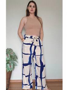 Printed High-Waisted Palazzo Pants With Pockets, Lining And Ties - Blue Waves Pants - View 3