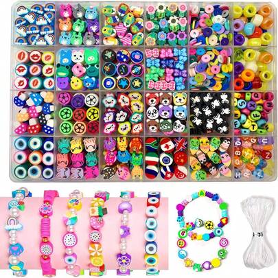 1000 piezas Kit para hacer pulseras con cuentas de arcilla polimérica, 24 estilos de cuentas lindas y divertidas con formas de frutas, flores, animales, pasteles, mariposas y corazones, accesorios de joyería DIY para mujeres