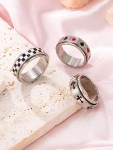 3 Peças Anéis Giratórios de Alívio de Estresse Personalizados de Aço Inoxidável da Moda Hip Hop, Cruz, Baralho, Padrão Xadrez, Acessórios Unissex Adequados para Uso Diário, Festivais, Encontros, Presentes