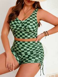 Bộ bikini cỡ lớn màu xanh lá cây kẻ caro, chất liệu co giãn cao, cổ tròn, kèm quần short, thích hợp cho kỳ nghỉ. - Xem 7