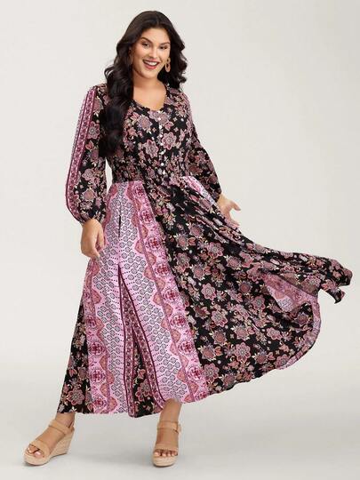 Vestido largo de manga larga con cuello en V elegante para mujer de talla grande, bajo acampanado, con estampado floral y de patrones delicados, de tela de poliéster sin estiramiento