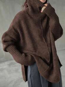 Maglione a collo alto, spalle scoperte, in maglia a costine, per donne taglia comoda, maniche lunghe, vestibilità morbida, lunghezza regolare, tessuto non elasticizzato, adatto per autunno/inverno