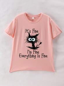 少女卡通猫和口号图案短袖T恤暑假 - 粉色 - 查看 2