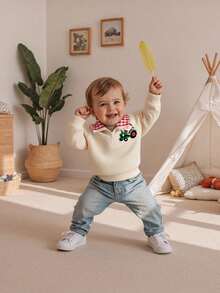 Sudadera navideña para niño pequeño con bordado de hombre de jengibre, manga larga, solapa, cremallera frontal, suéter holgado - Caqui - Ver 2