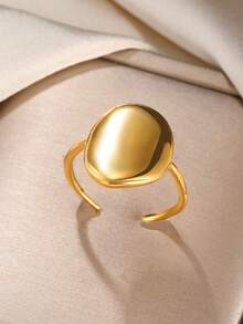 1pc Fashionable Stainless Steel Oval Open Ring, Suitable For Women, Starfish & Shell Design, For Daily Wear - Gold - View 6