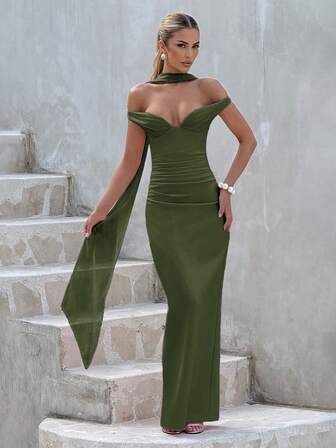 1 st Enfärgad Bara Axlar Elegant Åtsittande Midja Böljande Cocktailpartyklänning, Lämplig För Bröllop, Cocktailparty