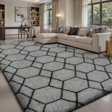 Sour Lemon Large Rugs Living Room, Hexagonal Pattern Area Rugs For Bedroom, Washable Anti Slip Shaggy Soft Rug, Fluffy Modern Carpets Mat, Bedside Area Rug For Living Room, Bedroom, Study Room, Home Decor - Gray Black - View 2