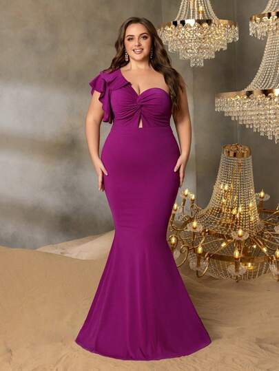 Vestido de noche formal asimétrico de un hombro elegante para mujer, con mangas con volantes, busto con efecto twist, bajo de cola de pez, silueta ajustada, adecuado para cenas de etiqueta negra, eventos de alfombra roja, noches de ópera, ceremonias de premios, galas benéficas y talla grande