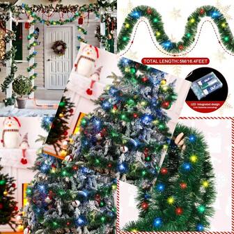 KKWEKingdder 16.4 Ft Christmas Tinsel Garland Lighted Metallic Twist Tree Decoration Prelit Battery Operated 50 LED Hanging Garland For Xmas New Year Home Outdoor Decor Multicolor Green