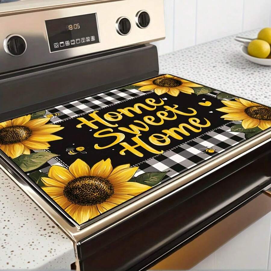 1pc Sunflower & Black White Checkered Heat-Resistant Glass Stove Top Protector - Non-Slip, Durable, Easy To Clean, Fits Electric Glass Stoves, Flat Top Ovens, Dryers, Coffee Makers - Stylish Kitchen Decor, Perfect Holiday Gift, Stove Top Protector, Appliance Accessory, Decorative Kitchenware, Easyclean Surface - 52公分*72公分/20.5吋*28.3英寸 - 查看 1