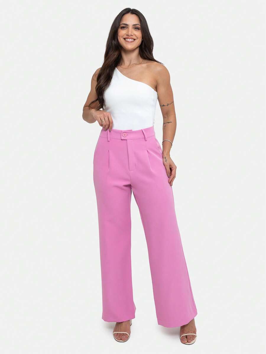 Simple Elegant Casual Polyester Zipper Pocket Button Daily Pants - Baby Pink - View 1