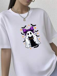180g pure Cotton Spooky Ghost Holding Black Cat Cute Bats Halloween Goth T-Shirt Stylish T-Shirt For Women Casual designer clothes Summer women Slightly Print Round Neck Short Sleeve Top For Everyday Wear streetwear Versatile Casual female graphic Unisex Comfortable - Blanco - Ver 2