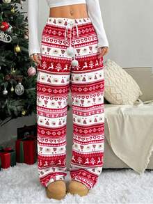 优雅条纹圣诞女装，秋冬服饰，圣诞鹿毛绒球抽绳圣诞睡衣，保暖内衬裤 - 紅色 - 查看 5