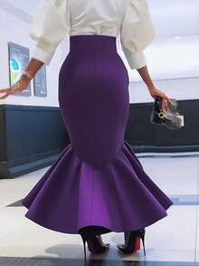 Plus Size Women's Autumn Solid Color Knit Fabric Ruffle Tie Waist Zipper Closure A-Line Skirt, Suitable For All Seasons - Purple - View 3