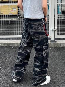 1pc American Casual Street Style Men's Hand-Painted Cargo Pants, Wide Leg Relaxed Fit Versatile Jeans, Patchwork Design, Suitable For All Seasons (Belt And Accessories Not Included) - Black - View 3