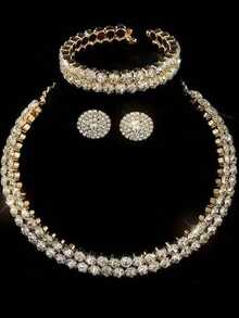 3 件套奢华新娘婚礼项链、手链、耳环套装、全水钻装饰颈链、多层项链、新娘配饰