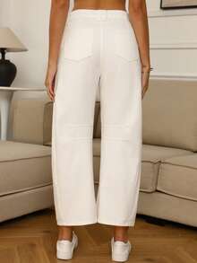女式白色筒形牛仔裤，100% 纯棉九分牛仔裤，2025 秋冬休闲宽松修身高腰牛仔裤 - 白色 - 查看 4