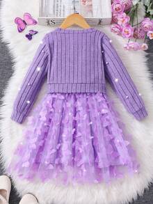 2pcs/Set Young Girl' Ruched Mesh Slip Dress & Beaded Knit Cardigan Outfit, Sweet & Cute, Autumn/Winter - Purple - View 2
