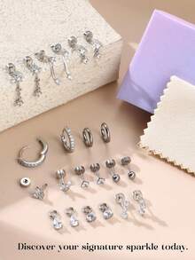 11Pairs Hypoallergenic Flat Back Earrings For Women -Silver Surgical Steel Earring Stacks Set | Small Stud & Hoop For Cartilage, Helix, Tragus | Multiple Piercing Comfort Jewelry Silver - 銀色 - 查看 7