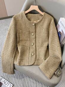 Women's Button Pocket Long Sleeve Woolen Coat, Suitable For Daily Wear And Holidays, Autumn/Winter - Gold - View 2