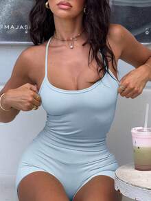 Bộ đồ 2 món AiTyi dành cho nữ, trang phục thể thao thoải mái, thời trang, gợi cảm, phù hợp mặc hàng ngày, tốt nghiệp, trở lại trường, bộ áo hai dây và quần short đa năng - Màu xanh da trời - Xem 3