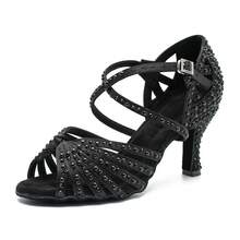7.5cm Heels Pearl & Rhinestone Satin Soft Sole Latin Dance Shoes For Women Ballroom Modern Tango Performance Shoes Black Ladies Diamond Party Shoes