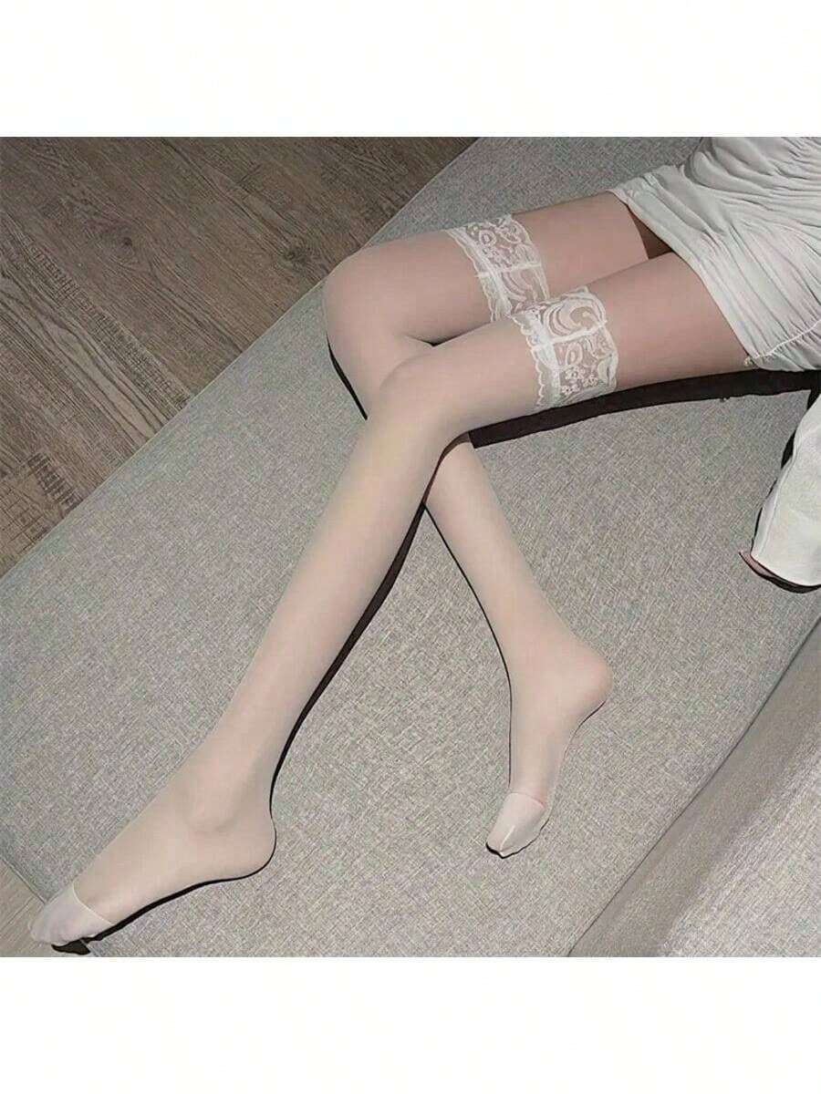 2  Pairs Of Seductive Lace Top Thigh High Stockings - Party Essential, Super Soft, Stay-Up Design - Fashion-Forward Womens Hosiery For Over The Knee Glamour - trắng - Xem 1