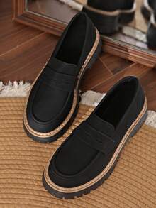 Women's Black Simple Thick Sole Loafers, Retro British Style Slip-On Leather Shoes, Suitable For Commuting, Office, Business - Black - View 6