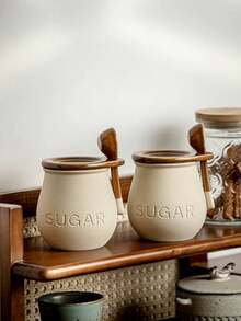 1pc Ceramic Seasoning Jar With Lid And Spoon, Household Kitchen Salt Jar, Sugar Jar, Coffee Bean, Tea Leaf Storage Canister - Beige - View 7