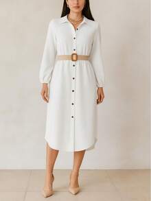 Vestido camisero midi de tela fresca, cómodo y versátil (casual o formal), con botones frontales, cinturón ajustable con hebilla, mangas largas con elástico en puños - Blanco - Ver 1