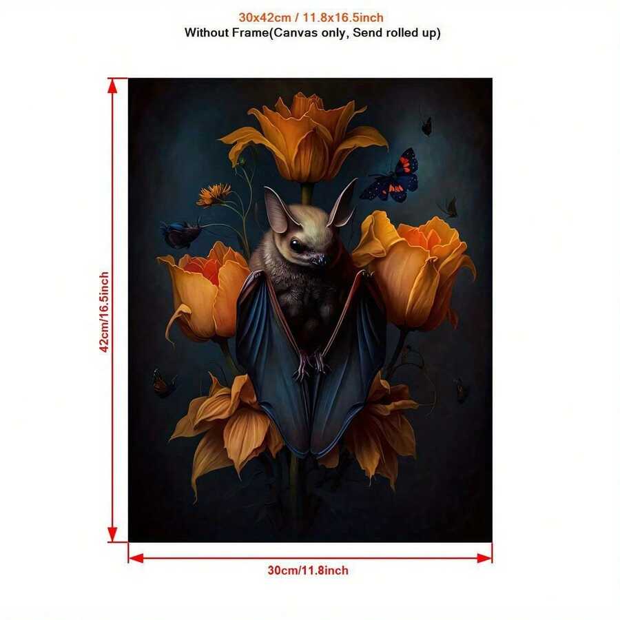 1pc Unframed Canvas Poster, Retro Art, Bats And Flowers, Bees And Flowers, Ideal Gift For Bedroom Living Room Corridor, Wall Art, Wall Decor, Winter Decor, Room Decoration
