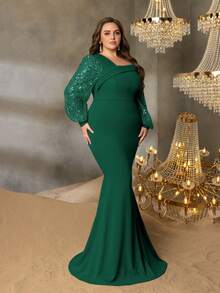 Elisanya Vestido de gala elegante de talla grande con hombros descubiertos, mangas farol halagadoras y falda de sirena impresionante - Perfecto para noches sofisticadas en grandes bodas, galas benéficas de alta gama, ceremonias de premios prestigiosas, cenas de negocios formales y celebraciones de Año Nuevo de lujo - Verde Oscuro - Ver 6