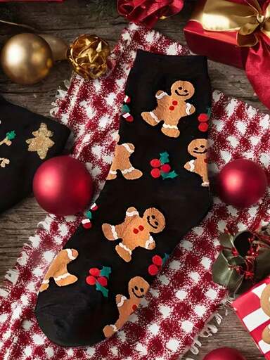 1 para skarpetek świątecznych dla kobiet – czarne, do połowy łydki, z uroczym nadrukiem pierniczków i ostrokrzewu, miękkie, ciepłe, unisexowe skarpetki świąteczne na prezent dla par, codzienna odzież zimowa, świąteczne, puszyste skarpetki, świąteczne ubrania, świąteczny wzór skarpetek