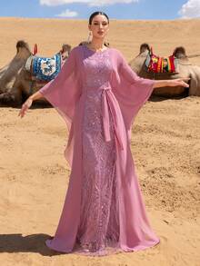 GIFORU Luxury Lavender Embroidered And Sequined Gown - Sheer Cape With Open Back & Belt Accent For Red Carpet Events, Opera Galas And Charity Balls - 藕粉色 - 查看 5