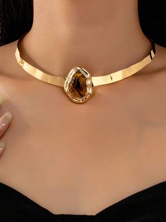 1 件时尚优雅纹理复古不锈钢合金颈链，欧式风格