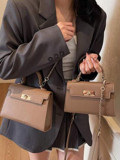 简约新款时尚女士手提包，独立手柄，采用纯色防水PU面料制成，带翻盖扭锁开合，可调节长肩带，复古简约单肩包，优雅女士钱包，通勤包，适合购物、通勤、派对和节日礼物。