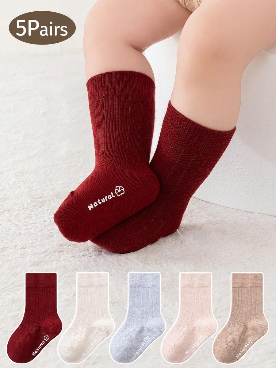 5 par bezszwowych skarpetek w jednolitym kolorze dla maluchów, uniwersalne skarpetki dla rodziców i dzieci, jesień/zima - Wielokolorowe - Zobacz 1