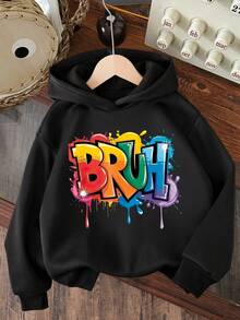 Young Boy Cartoon Letter Pattern Warm Hoodie Sweatshirt - Black - View 1