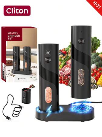 CLITON Elektrische Salz- und Pfeffermühle - Einzelpack/Doppelpack Optionen, batteriebetrieben/aufladbar - automatisches Mahlen, mit LED-Licht, Einhandbedienung, Ladestation mit Licht - unverzichtbar für Weihnachtsfeiern, Thanksgiving-Dinners, Silvesterfeierlichkeiten und Feierlichkeiten an Feiertagen