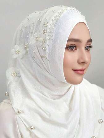 1pc Elegant Faux Pearl Flower Instant Headscarf, Solid Color Lightweight Breathable Casual Outdoor Sun Protection Headwrap