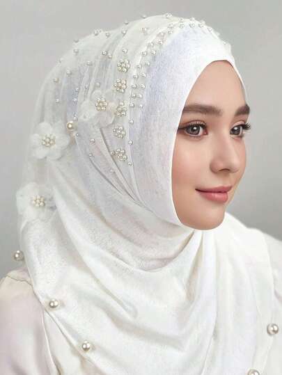 1 件优雅仿珍珠花速效头巾，纯色轻质透气休闲户外防晒头巾