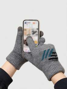 Luvas de inverno, fio de malha, tela sensível ao toque de cinco dedos com veludo grosso, luvas quentes para jogos, masculinas e estudantes, para viagem