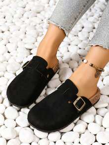 Women's Suede Mule Slippers, Casual Shoes, Flat Slippers, With Metal Buckle Decoration, Round Toe, Non-Slip Rubber Sole, Suitable For Spring And Summer Home Wear And Outdoor Vacations - màu đen - Xem 11